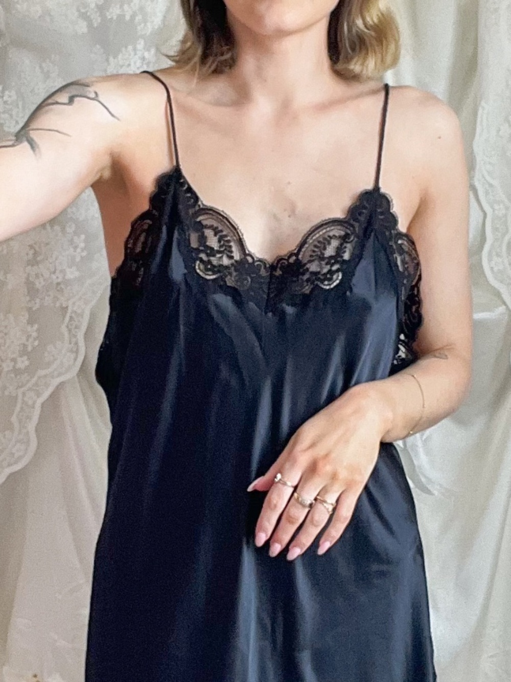 Vintage Black Satin Lace Lingerie Slip Dress